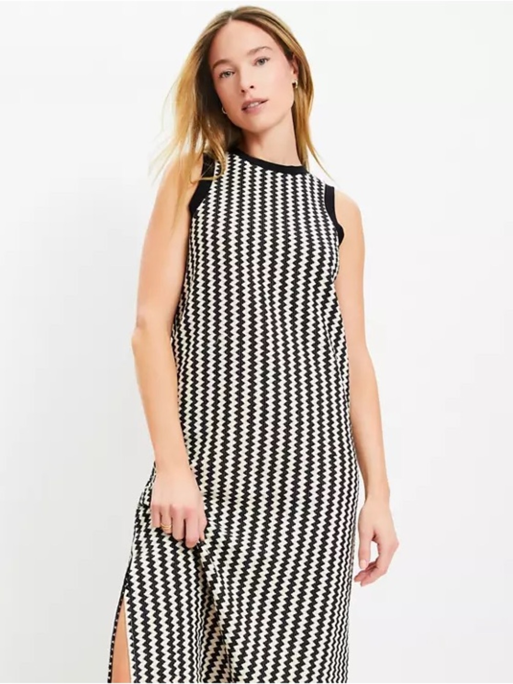 Ann Taylor LOFT Beach Zig Zag Crochet Sleeveless Black and Off White Midi Dress